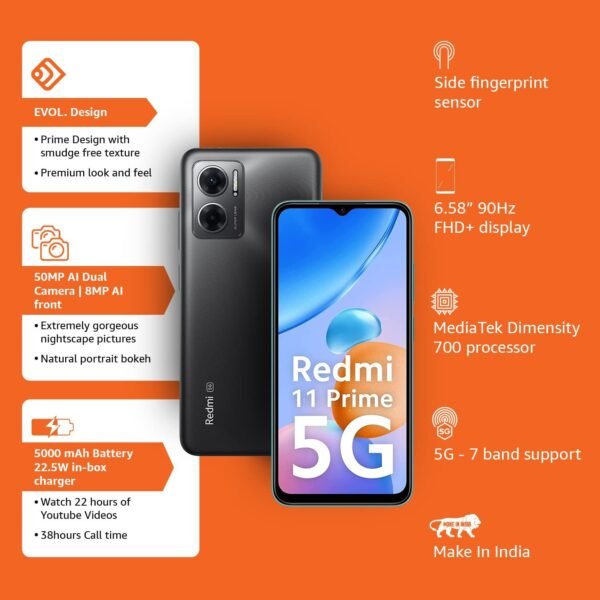Redmi 11 Prime 5G (Thunder Black, 4GB RAM, 64GB Storage) | Prime Design | MTK Dimensity 700 | 50 MP Dual Cam | 5000mAh | 7 Band 5G - Image 4