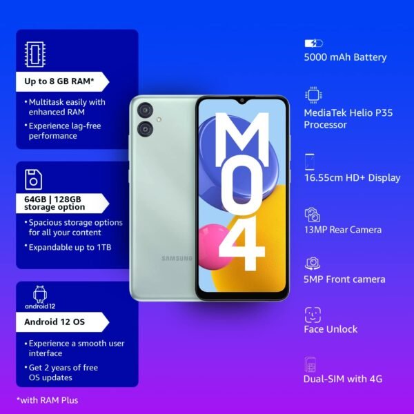 Samsung Galaxy M04 Light Green, 4GB RAM, 64GB Storage | Upto 8GB RAM with RAM Plus | MediaTek Helio P35 Octa-core Processor | 5000 mAh Battery | 13MP Dual Camera - Image 3