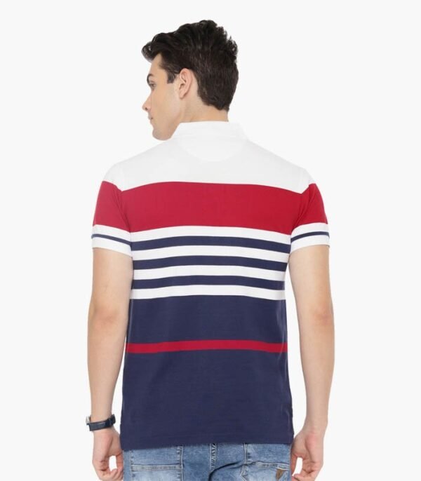 Men White & Navy Blue Striped Polo T-shirt - Image 2