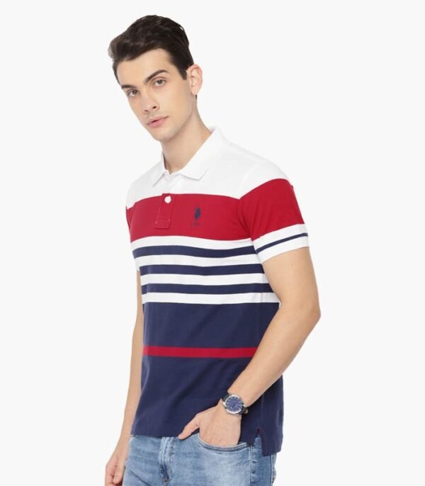 Men White & Navy Blue Striped Polo T-shirt - Image 3