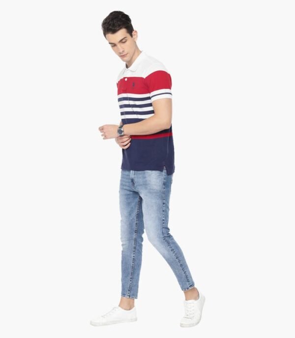 Men White & Navy Blue Striped Polo T-shirt - Image 5