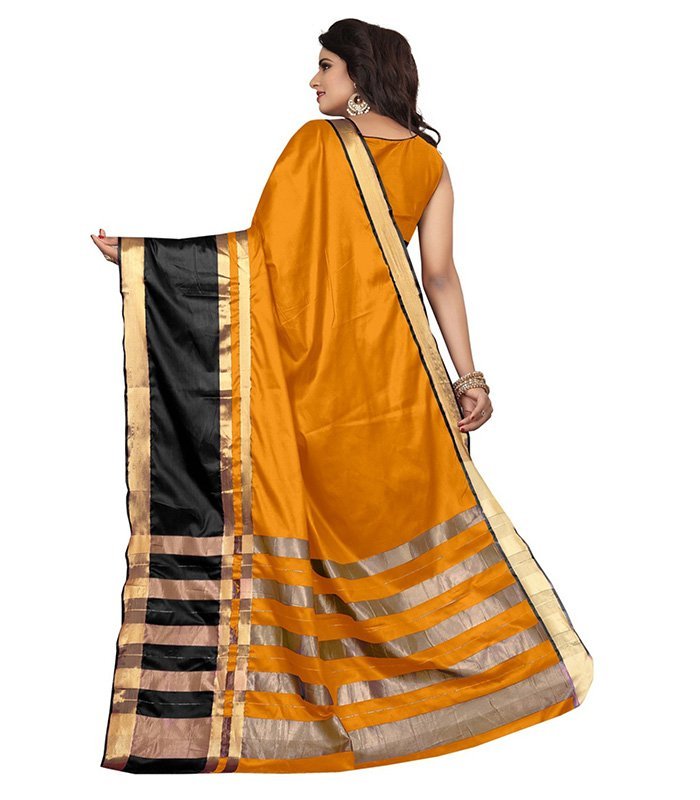 Striped Dharmavaram Cotton Silk Saree (Orange) - Image 2