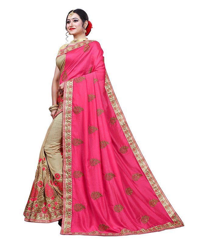 Woven Bollywood Jacquard Saree (Pink, Cream) - Image 3
