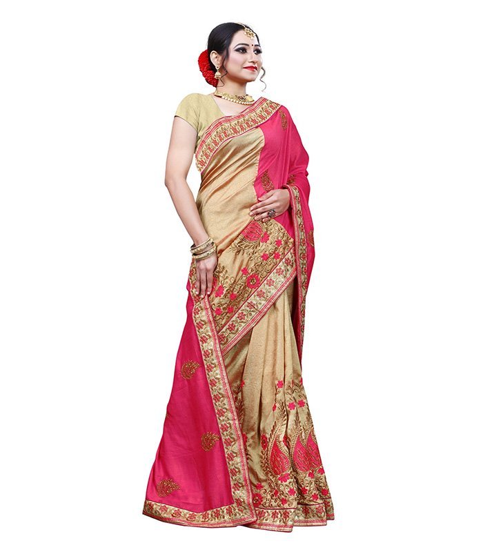 Woven Bollywood Jacquard Saree (Pink, Cream) - Image 4