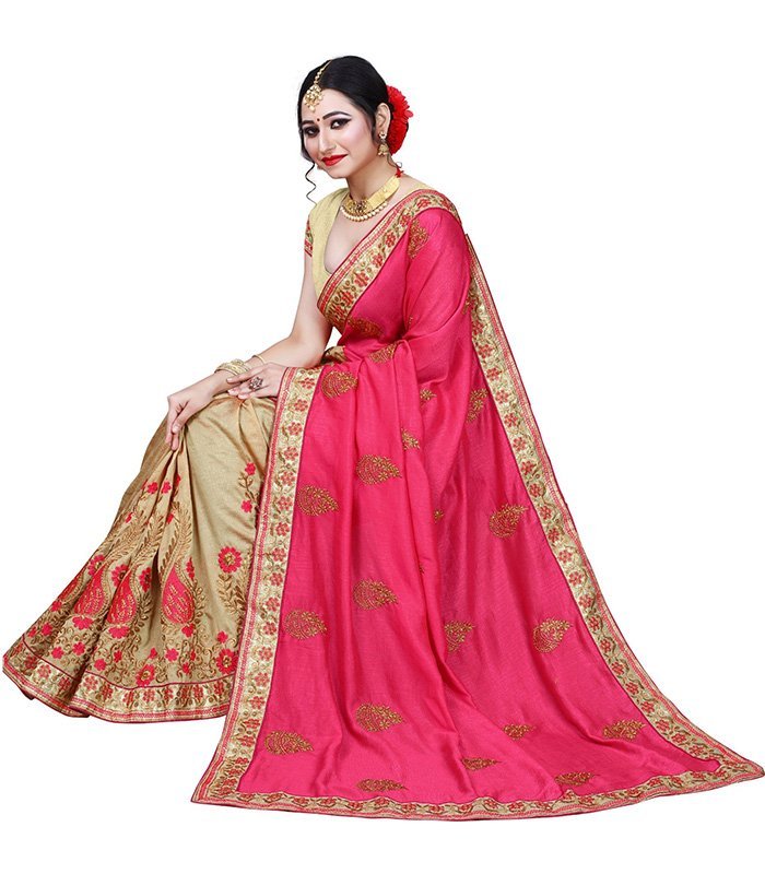 Woven Bollywood Jacquard Saree (Pink, Cream) - Image 5